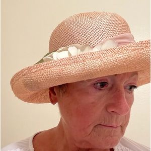 Wide brim pastel pink hat with chiffon band & silk flowers